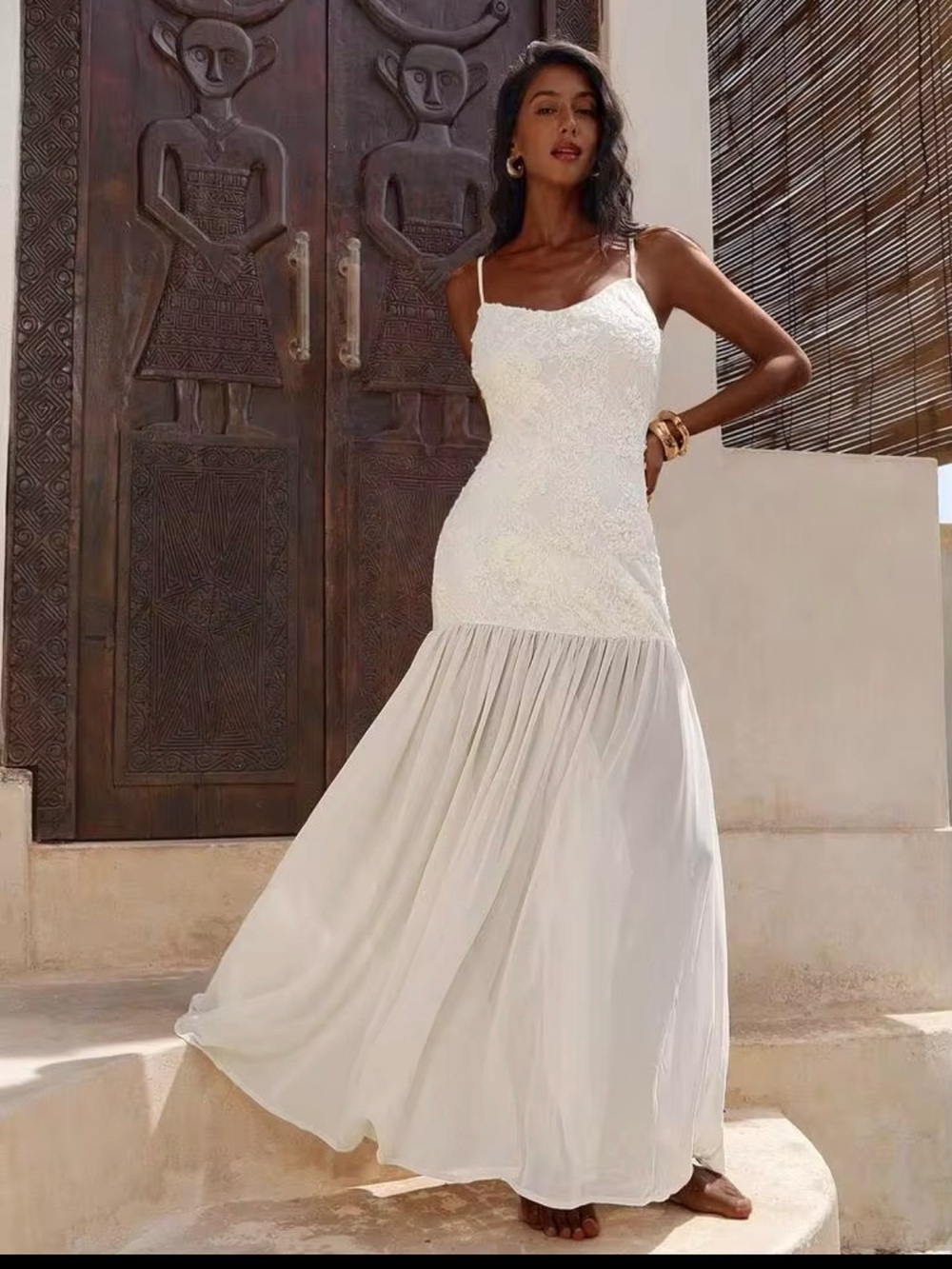 Elegant cream Lace Bodice Maxi Dress